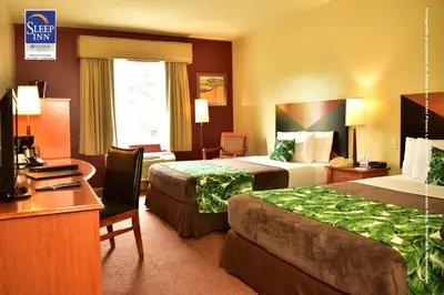 a hotel room with two beds and a desk at Sleep Inn Paseo Las Damas in San José