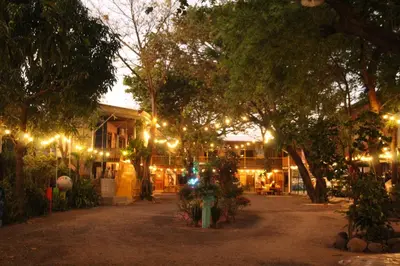 a street with lights in front of a building at Hostalito El Greco in Bagaces