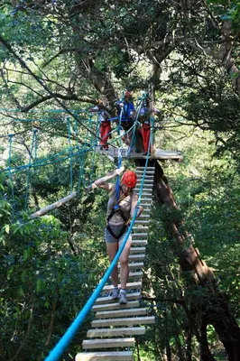 a woman on a rope bridge in the forest at Adventure Park & Hotel Vista Golfo in Tajo Alto