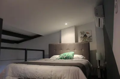 a bedroom with a large bed with a green pillow at Cando Living Apartments in Central Avenue in San José