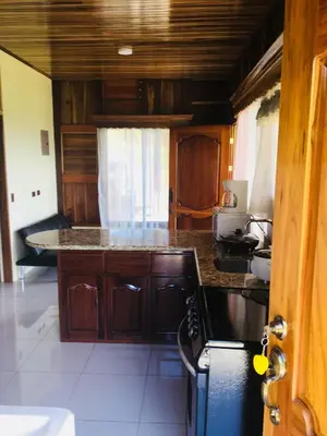 a kitchen with wooden cabinets and a counter top at Las Pavitas Arenal Suites in Fortuna