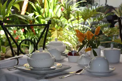 a table with tea cups and saucers on it at Tierra Magica B&B and Art Studio in San José