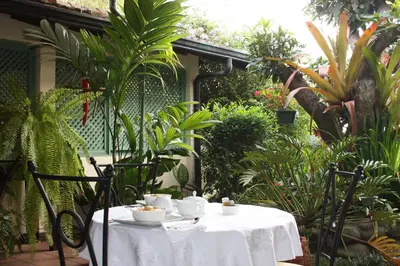 a table with cups and saucers on it at Tierra Magica B&B and Art Studio in San José