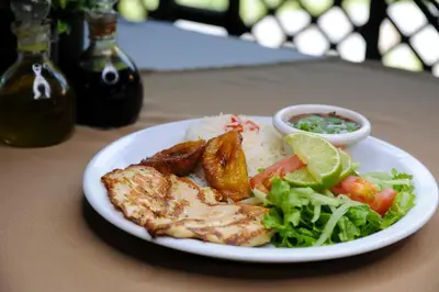 a plate of food with chicken and rice and vegetables at Hotel Robledal in Alajuela City