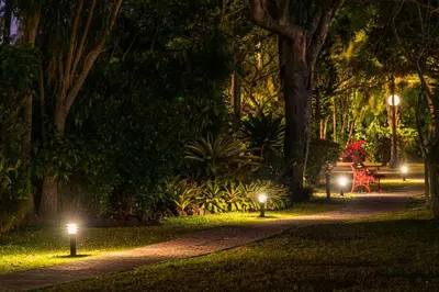 a park with a bench and lights at night at Hotel Bougainvillea San José in Santo Domingo