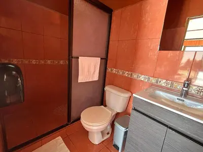 a bathroom with a toilet and a shower and a sink at Hotel las Ardillas Monteverde in Monteverde Costa Rica