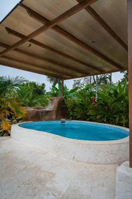 a large swimming pool under a wooden pergola at Villa Tucan in Fortuna