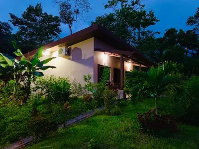 a small white house with lights in the yard at Villa Tucan in Fortuna