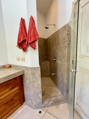 a bathroom with a shower and a glass shower stall at Costa Riki Apartments in Santa Teresa Beach