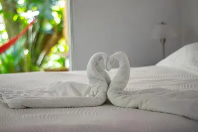 two towel swans making a heart on a bed at Casa Cedro - Portasol Vacation Rentals in Matapalo