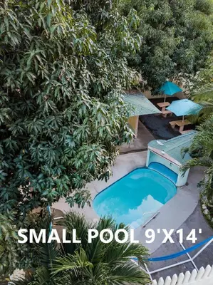 an overhead view of a small pool with umbrellas at Mapi's Cabins in Paquera