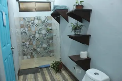 a bathroom with a shower and a toilet with shelves at Cecropia Ecolodge in Fortuna