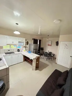 a kitchen and living room with a couch and a table at Agutí Apartment in Manuel Antonio