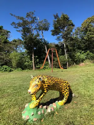 a statue of a jaguar in a field with a playground at Above the Gulf, Vacation House in Monteverde Costa Rica