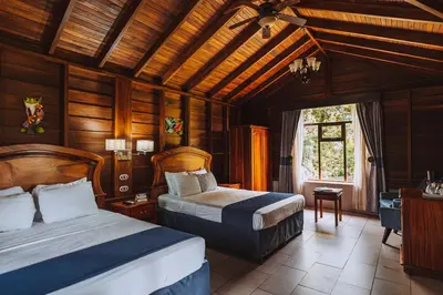 a bedroom with two beds in a room with wooden walls at Hotel Campo Verde in Fortuna