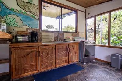 a kitchen with a counter with a stove and windows at Natural Wonders House in Monteverde Costa Rica