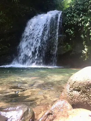 a waterfall in front of a pool of water at Cabaña Mountain View in Heredia