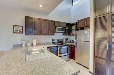 a kitchen with stainless steel appliances and wooden cabinets at The Cove at Playa Ocotal, units 5,6,7 and 8 in Coco