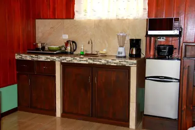 a kitchen with a counter top and a refrigerator at Cabañas Sueños del Arenal in Fortuna
