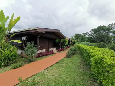 a house with a walkway next to a garden at Cabañas Sueños del Arenal in Fortuna