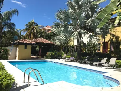a swimming pool in a yard with palm trees at Casa Sueno Colibri in Tamarindo