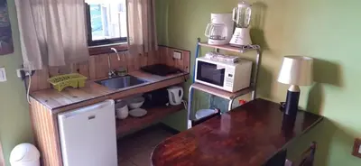 a small kitchen with a sink and a microwave at Alojamientos Norte y Sur in Monteverde Costa Rica