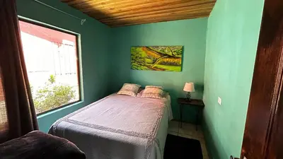 a green bedroom with a bed and a window at Alojamientos Norte y Sur in Monteverde Costa Rica