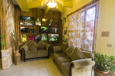 a living room with two couches and a window at Adventure Inn in San José