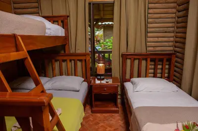 a bedroom with two bunk beds and a window at Bungalows Ballena in Uvita