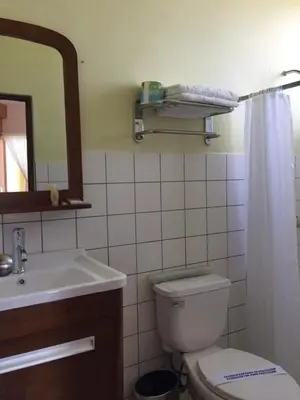 a bathroom with a toilet and a sink and a mirror at Park Hotel in Puerto Limón