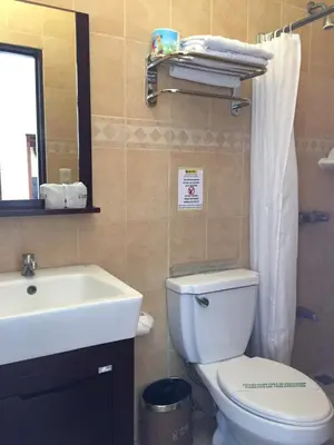 a bathroom with a white toilet and a sink at Park Hotel in Puerto Limón