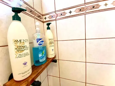 three bottles of cleaning products on a shelf in a bathroom at Hotel Vista Linda Montaña in Alajuela City