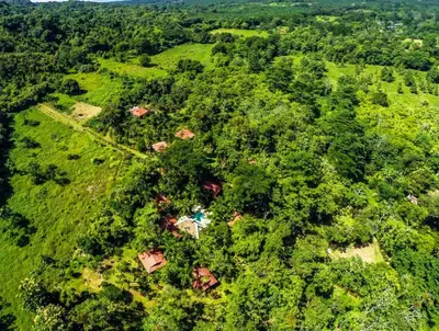 an aerial view of a house in the forest at La Palapa Ecolodge in Portalón