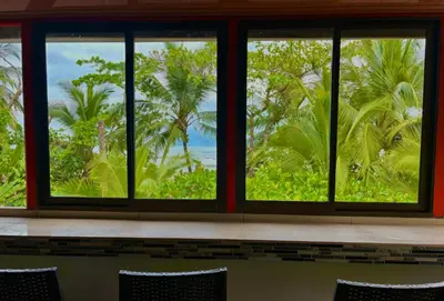 a window view of the ocean and palm trees at Hotel El Icaco Tortuguero in Tortuguero