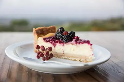 a piece of cake with berries on a white plate at Eco Granja Don Lolo in Quesada