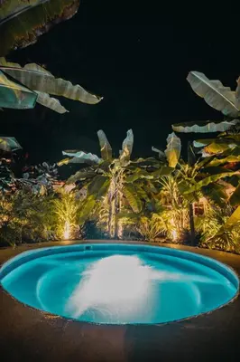 a small blue pool with trees in the background at Good Life Lodge in Sámara