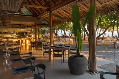 a restaurant with tables and chairs and a potted plant at Hotel Nantipa - A Tico Beach Experience in Santa Teresa Beach