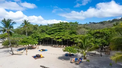 an overhead view of a beach with chairs and palm trees at Hotel Nantipa - A Tico Beach Experience in Santa Teresa Beach