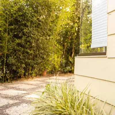a garden outside a house with a window at Gamaí Monteverde Tiny House in Monteverde Costa Rica