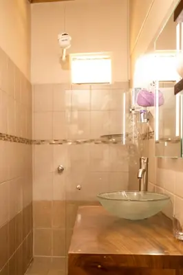 a bathroom with a glass bowl sink on a wooden counter at Gamaí Monteverde Tiny House in Monteverde Costa Rica