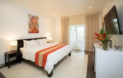 a hotel room with a bed and a television at Shana by the Beach Manuel Antonio in Manuel Antonio