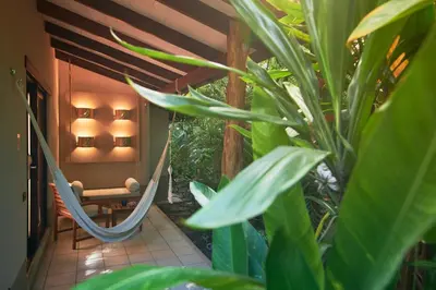 a porch with a hammock in a house with plants at Cala Luna Boutique Hotel & Villas in Tamarindo