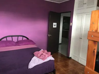 a bedroom with purple walls and a bed with a pink towel at In the Wind Hostel and Guesthouse in San José