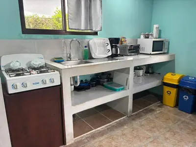 a kitchen counter with a sink and a microwave at Pura Vida Aparment - Downtown La Fortuna in Fortuna