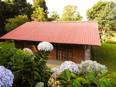 a small house with a red roof and some flowers at Rancho Amalia in Naranjo