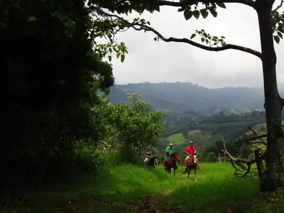 a group of people riding horses on a field at Rancho Amalia in Naranjo