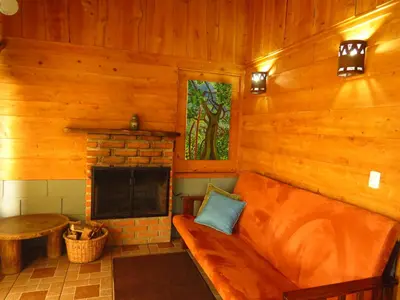 a living room with a couch and a fireplace at Rancho Amalia in Naranjo