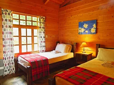 a bedroom with two beds in a log cabin at Rancho Amalia in Naranjo