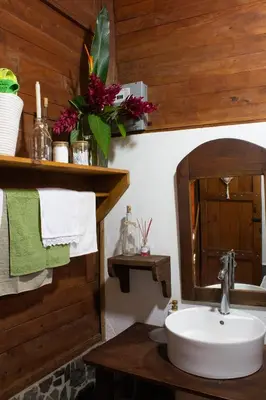 a bathroom with a sink and a mirror at The House of Hummingbird, Costa Rica in Atenas