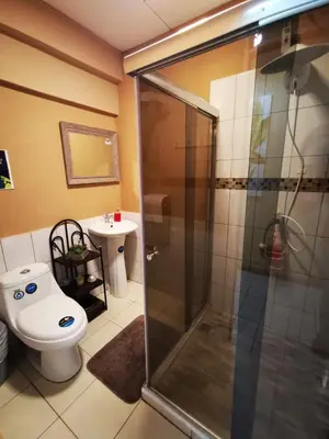 a bathroom with a shower and a toilet and a sink at Toucan Hostel in Alajuela City